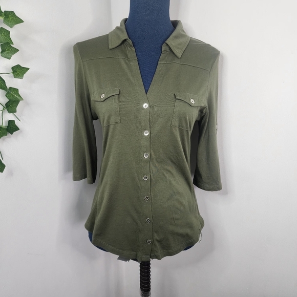 Guess Olive Green Knit Button Down Shirt - Picture 1 of 11